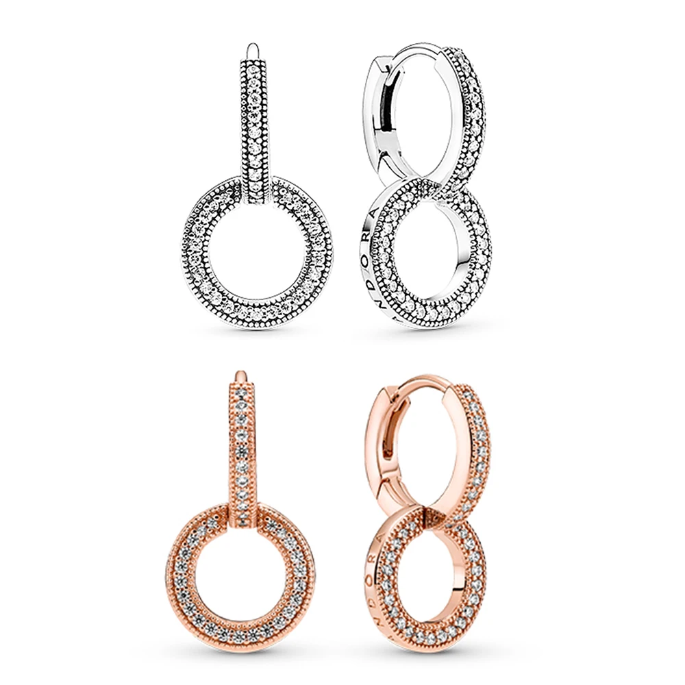 Pandora Rotterdam-Boucles d'oreilles doubles créoles pour femme, argent 925, original, niche, mode, cadeau de bijoux, sac grill