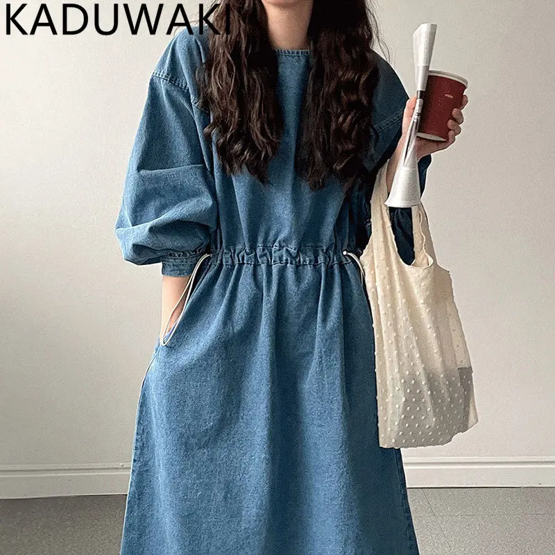 

Korean Style Loose Casual Denim Dress for Women Simple O Neck Long Sleeve Drawstring Slim Waist Vestidos Spring Summer 2023 Robe