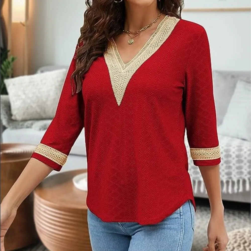 Женская однотонная кружевная блузка с V-образным вырезом