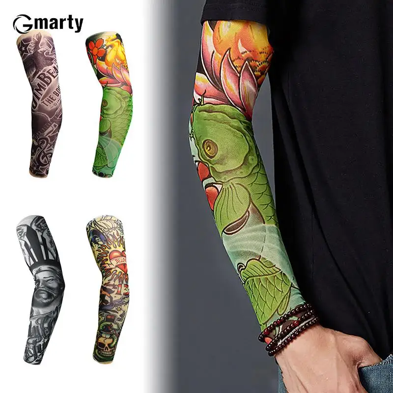 

1pc Breathable Quick Dry UV Protection Running Arm Sleeves 3D Tattoo Printed Outdoor Cycling Sleeves Sports Arm Warmers For Men