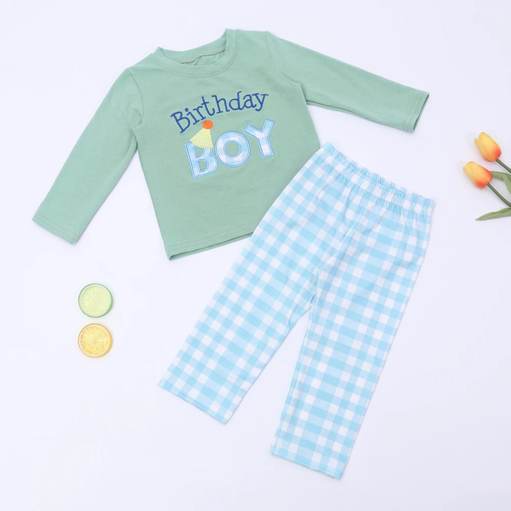 

New Happy Birthday Green Baby Boys Clothes 2pcs Sets With Word Embroidery Children Suits Casual Fall Winter Outfit For 1-8T Kids