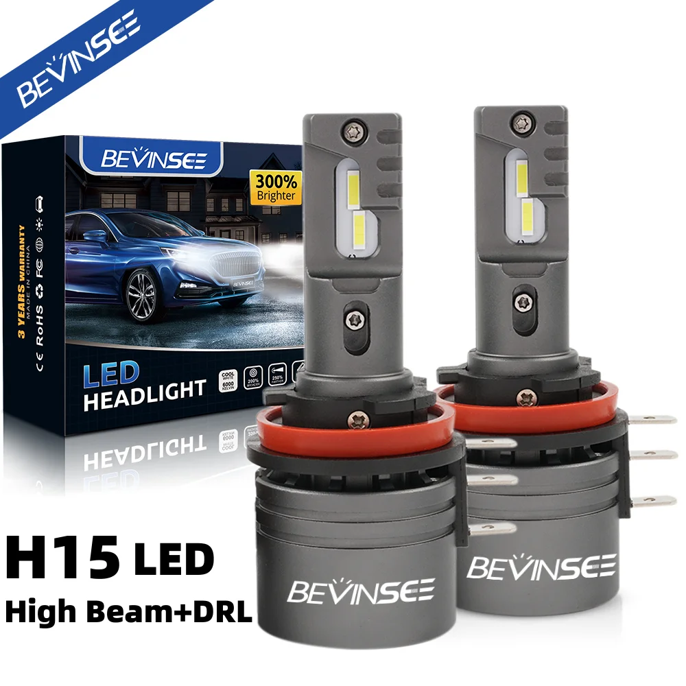 Bevinsee H15 LED Headlight Bulbs High Beam DRL Daytime Running Light 6000K White Auto Lamp For BMW Audi Ford VW Benz Mazda CX-5