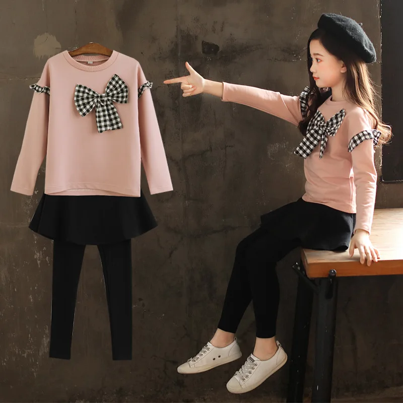 

2021 spring Girls Clothes Bow long sleeve t Shirt + Legging skirt 2 Pcs Suit Winter Kids Teenager 4 5 6 7 8 9 10 11 12 Years