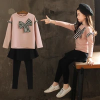 2021 spring girls clothes bow long sleeve t shirt legging skirt 2 pcs suit winter kids teenager 4 5 6 7 8 9 10 11 12 years