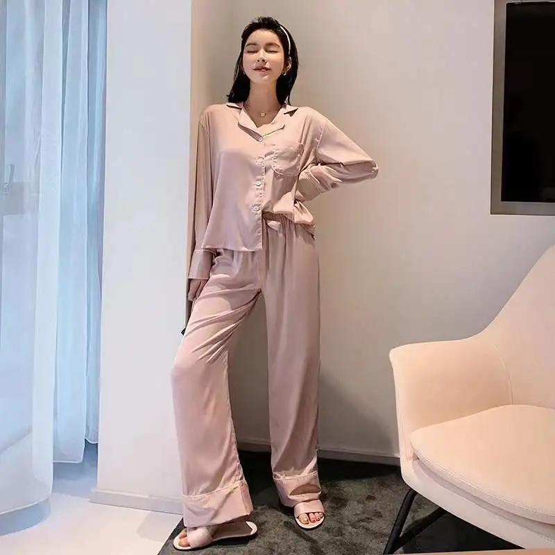 Pajamas Lady Autumn Ice and Snow Silk Women's Pajamas Long Sleeve Pants Set Home Costume Solid Casual Comfort Sleepwear