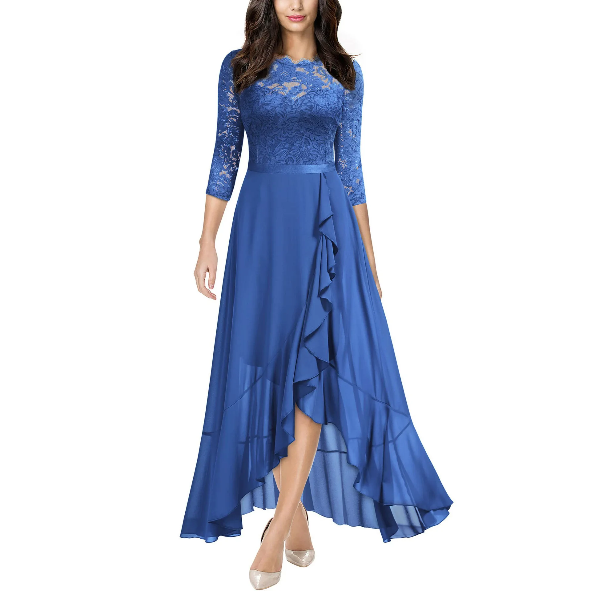 Women's Lace Dresses Stitching Fashion Round Neck Evening Gowns Elegant Temperament Hollow Women's Long Dresses Party Clothing