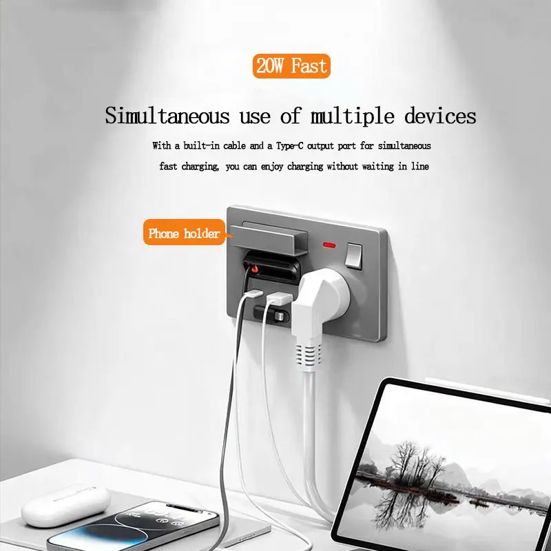Фото Розетка 146 Type 1Gang с британской 3-контактной розеткой 13А и USB Type-C 20W с быстрой зарядкой на основе нитрида галлия, со встроенным выдвижным кабелем 80 см. №4
