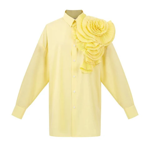 Женская однобортная рубашка с лацканами DEAT, универсальная модная однотонная блузка с аппликацией, модель 15G6979 на осень, 2024