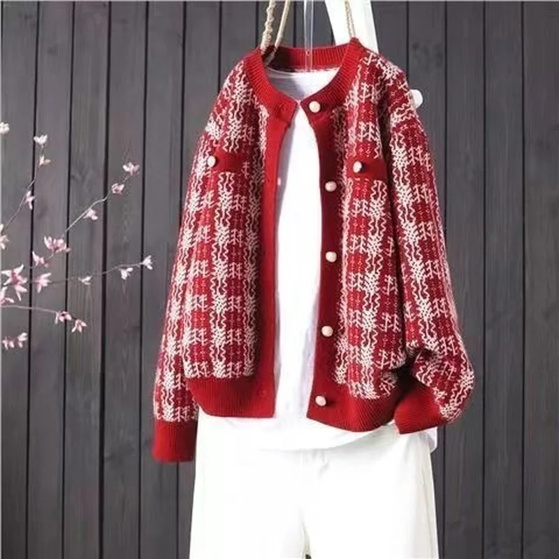 

New fashion fragrance knitted cardigan women 2023 autumn and winter Korean loose long sleeve round neck plaid cardigan coat