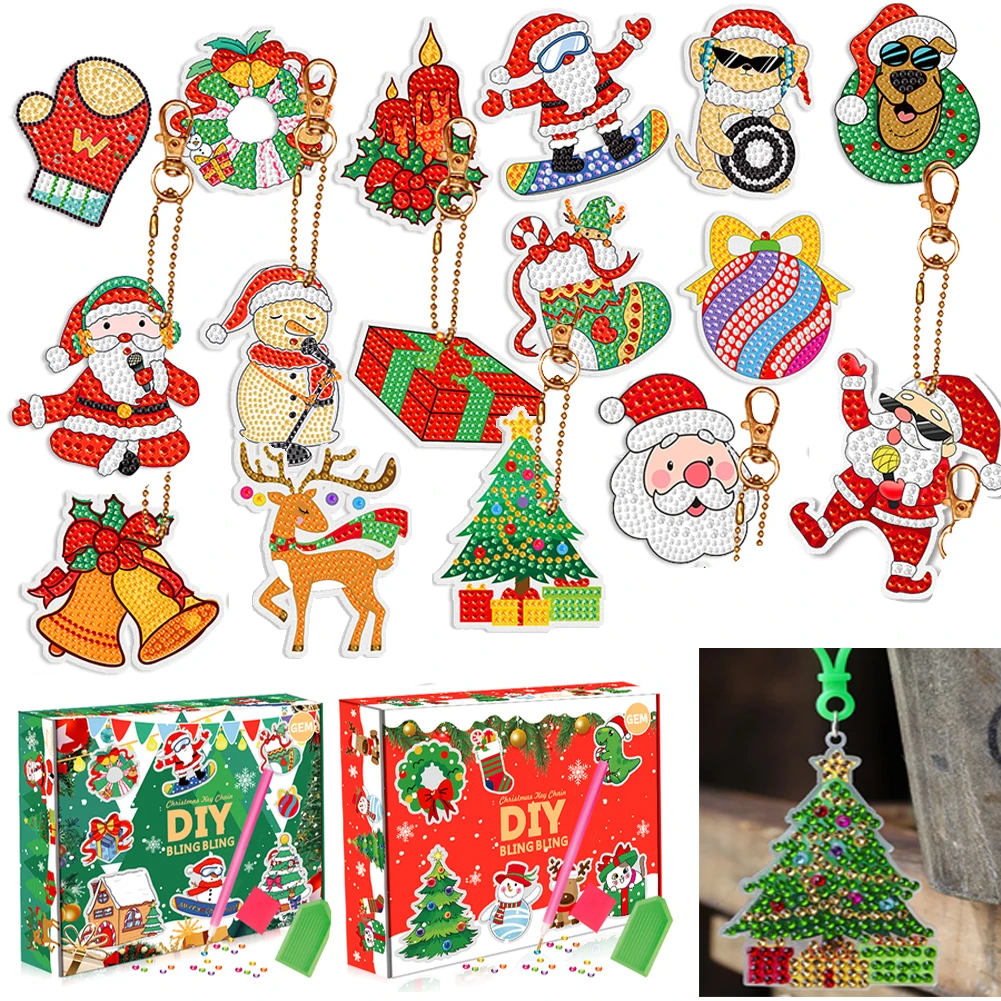 

Diamond Painted Christmas Keychain Christmas Blind Box Diamond Mosaic Keychain DIY Diamond Embroidered Keyring Christmas Decor