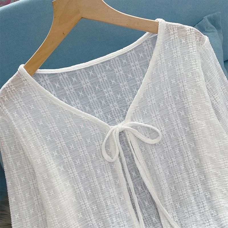 2024 Белый Летний кардиган на завязках женская сексуальная прозрачная блузка с