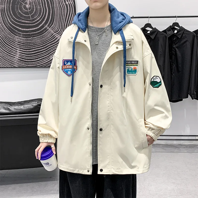 

Hip Hop Fake Two-piece Jackets Men Loose Hooded Coat 2022 Spring Autumn Korean Male College Style All-match Trend Windbreaker