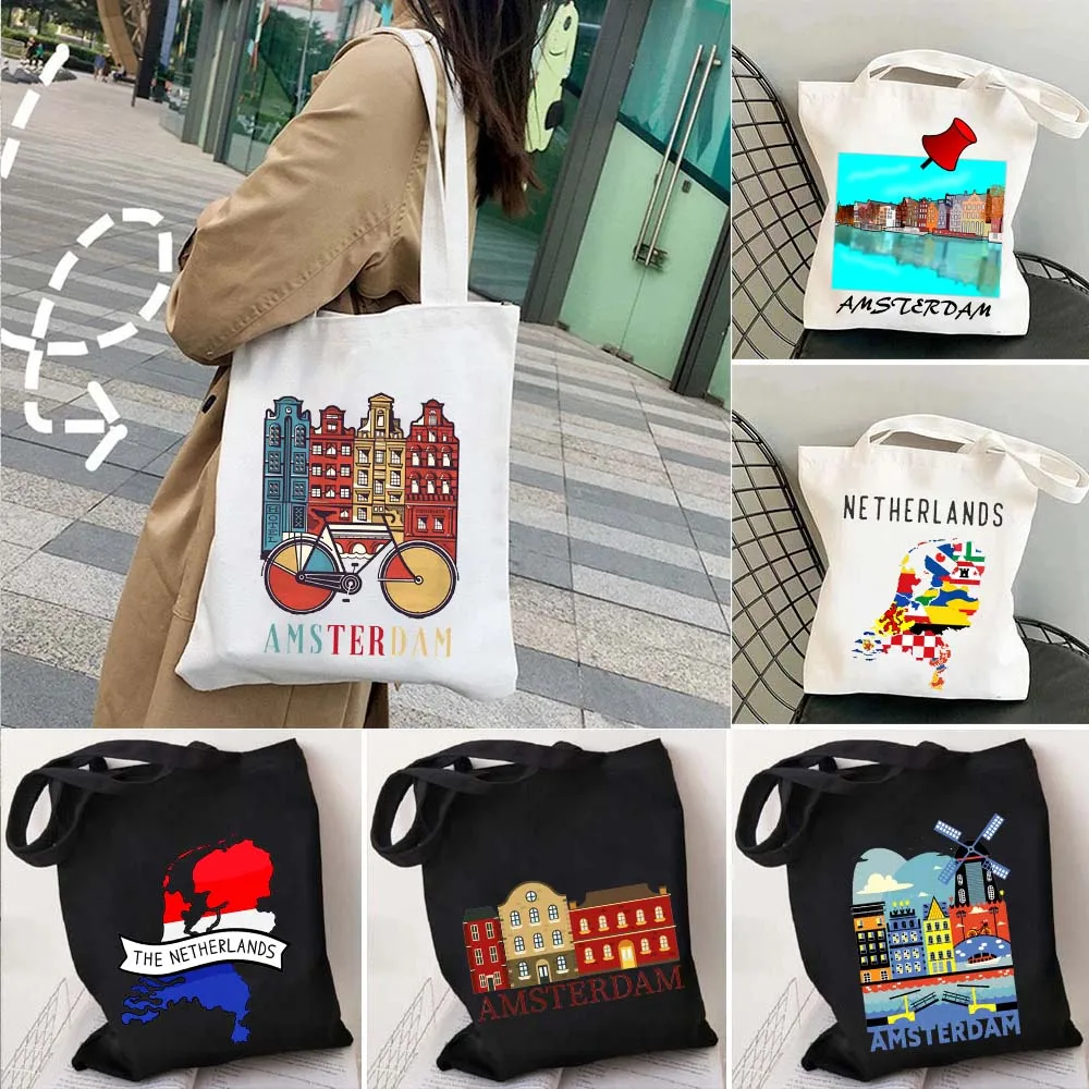 

Amsterdam Netherlands Emblem Dutch Flag Map Shopping Canvas Tote Bag Landmark Heart Travel Souvenir Fashion Cute Shopper Handbag