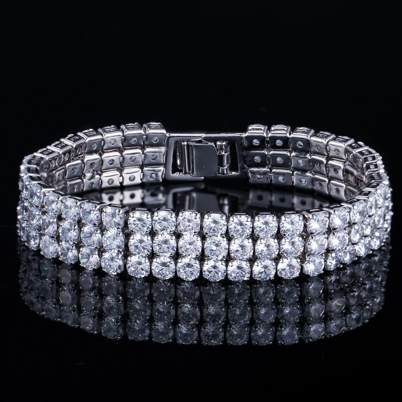 

3 Row Round Shiny Cubic Zirconia Stone Silver Color Luxury Big Wide Bridal Bracelets for Women Wedding Jewelry