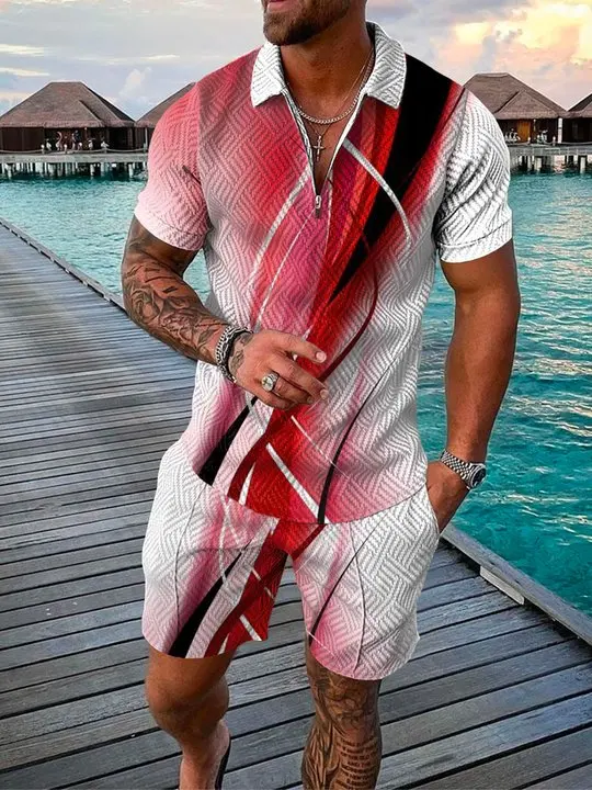 

New Men Tracksuit Fashion Short Sleeve zipper Polo Shirt Set red lightning Print Clothing 2 Pieces Summer Casual Outfit Suit