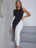 ingrily knitted elegant maxi dress women color match patchwork body shaping robe one shoulder robe long sleeve high street wear