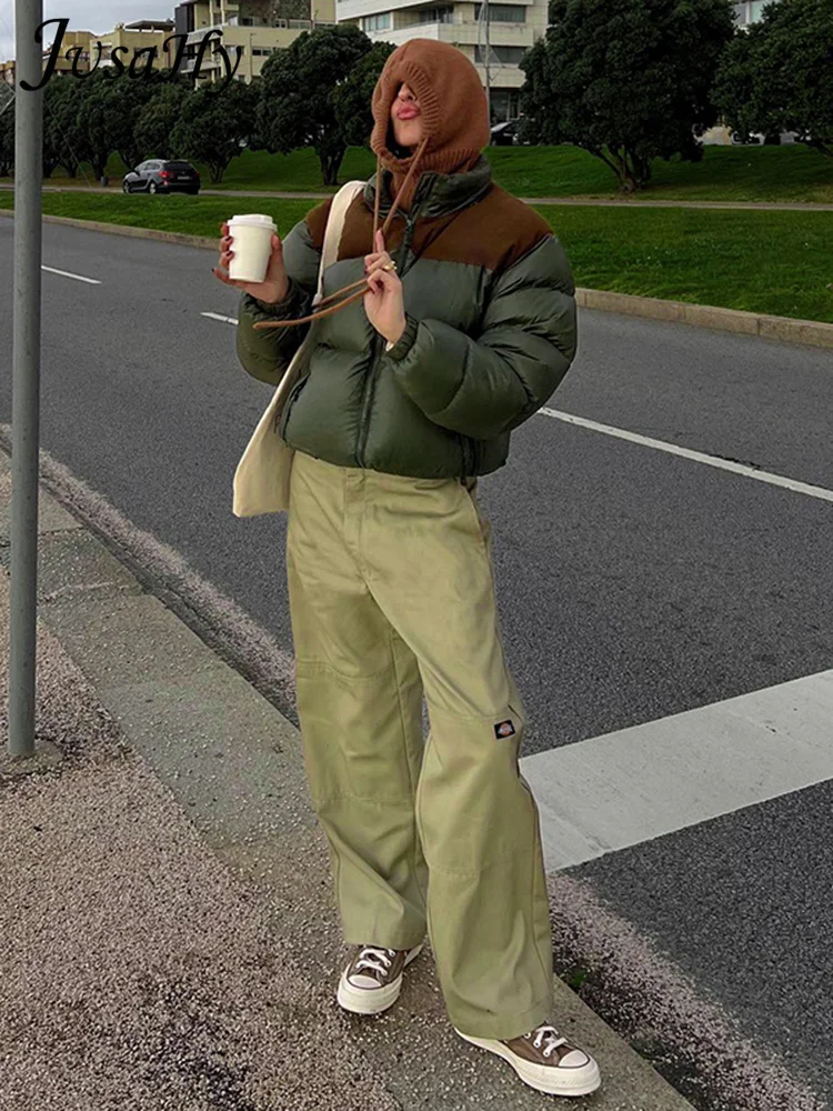 JusaHy Women 2022 Winter New Street Casual Straight Green Thickened Padded Jacket Zipper Fashion Loose Preppy Style Simple Coat