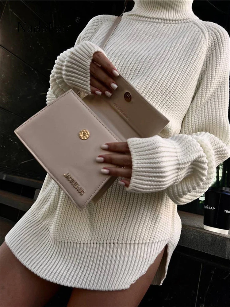 

Nadafair Turtleneck Knitted Sweater Dress Y2K Women Long Sleeve Mini Dresses Autumn Winter 2022 Casual Loose Green White
