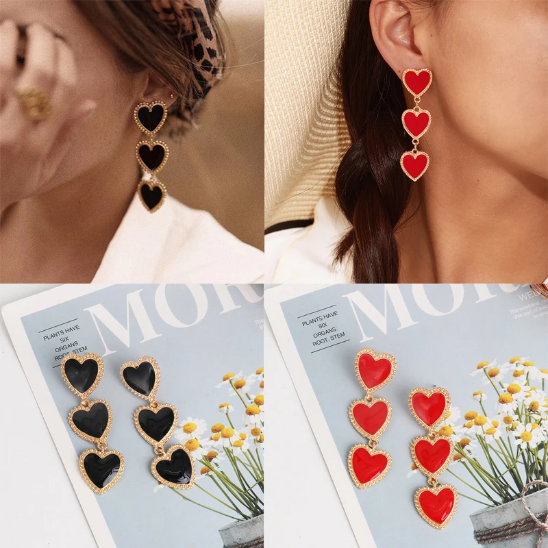 

New Bohemian Enamel Circle Love Heart Long Dangle Earrings For Women Exaggerated Big Red Statement Earrings For Party Jewelry