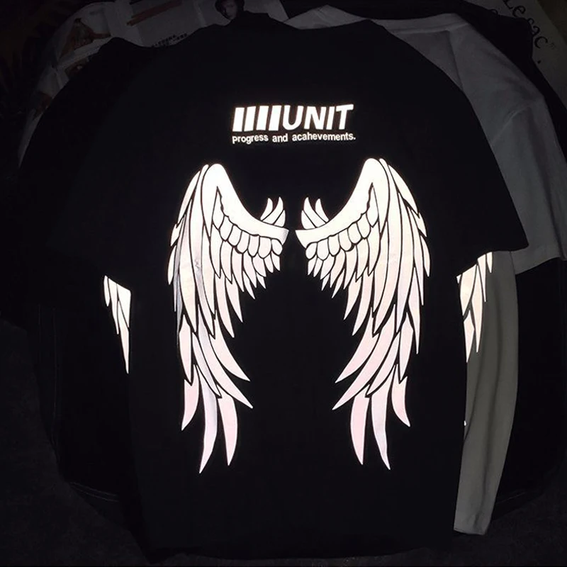 

2022 Men's Summer Trend 100%Cotton Fashion Angel Wings Print Short Sleeve T-Shirt Casual Bike Night Ride Reflective Short Sleeve
