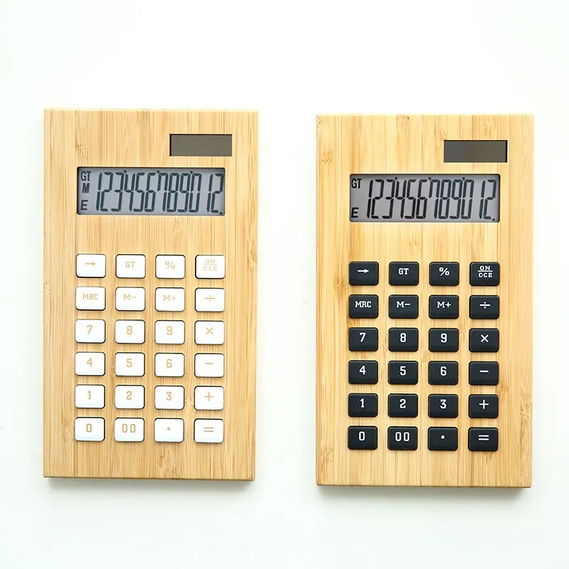 Solar Calculator 12-digit Display Large Screen Bamboo and Wood Calculator Student Financial Desktop Office Learning Computer