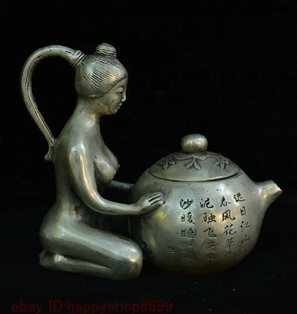 

6" Chinese Anceint Rare Silver Beautiful Woman Wine Tea Pot Flagon Teapot Stoup