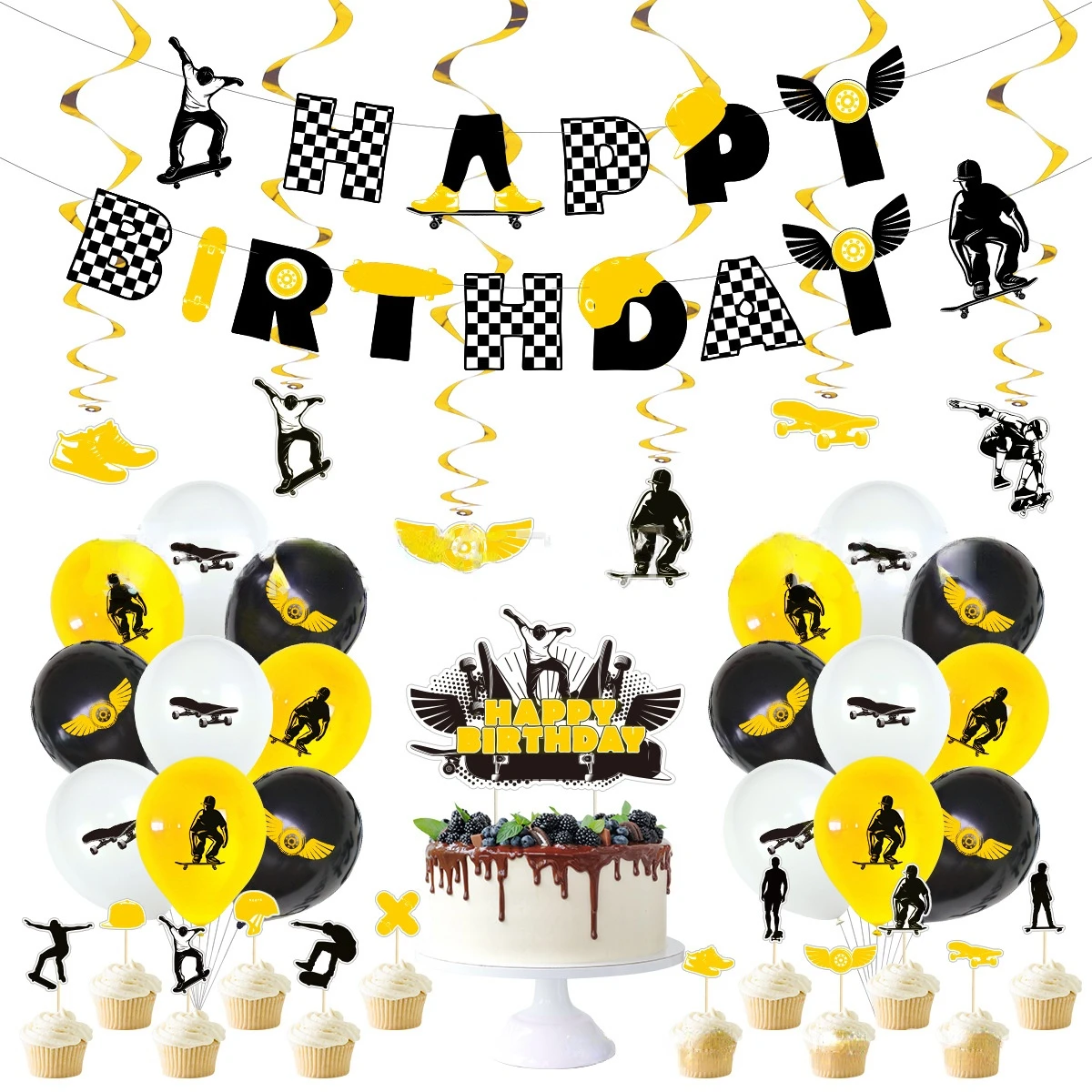 

JOLLYBOOM Skateboard Theme Party Black White Yellow Balloon Set Hanging Swirl Cupcake Topper for Birthday Decoration Supplies