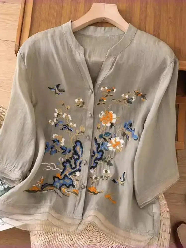 Топ из хлопка и льна для женщин Новинка лета 2023 кардиган с вышивкой рубашка новая