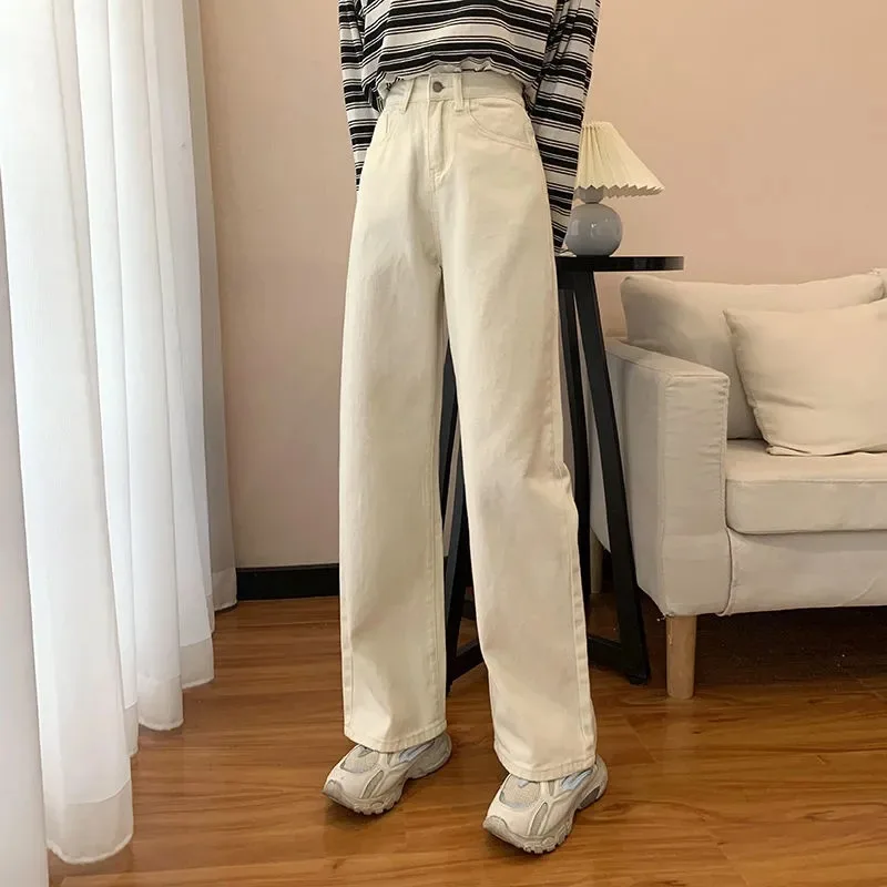 2023 New Korean Retro White Jeans Women's Loose Straight Leg Dad Pants Solid Color Hight Street Casual Wide Leg Pants Female