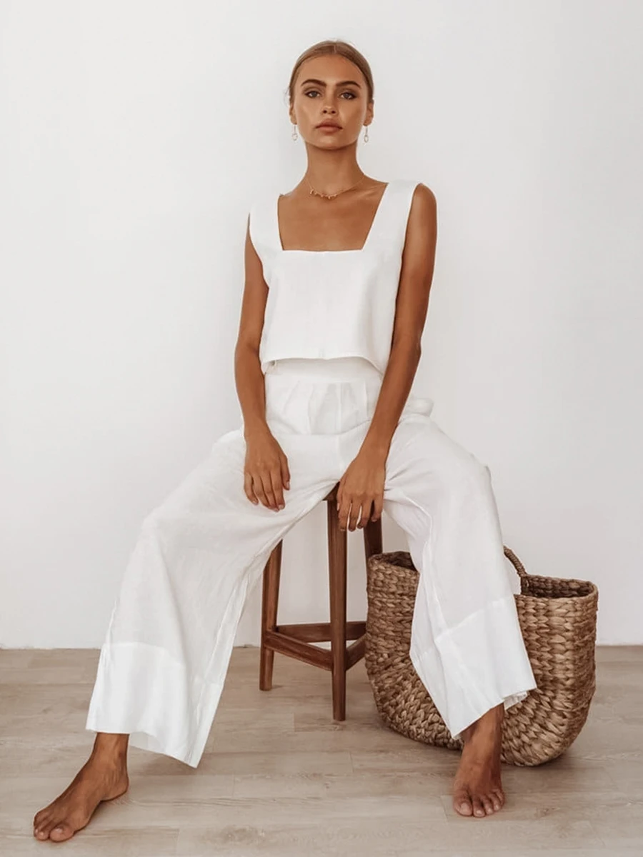 

Solid Cotton Casual 2 Piece Sets Women Summer Sleeveless Backless Crop Tops With Pant Suits Fashion Loose Cozy Female Outfits