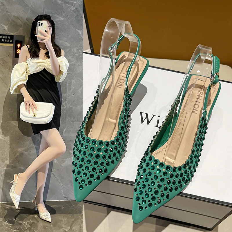

Женские туфли-лодочки на высоком каблуке 7 см, зеленые вечерние классические туфли с острым носком, туфли с ремешком на пятке с кристаллами и...