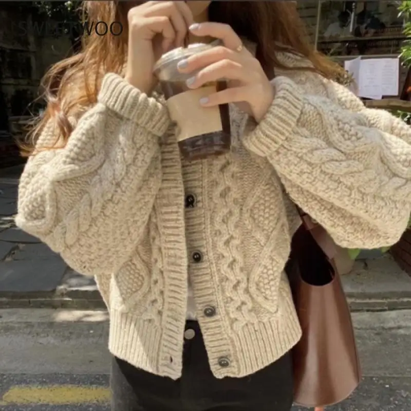

Women Cardigan Autumn Winter Retro Round Neck Single-Breasted Chic Linen Pattern Loose Long-Sleeved Knit Sweater Coat Tide Chic