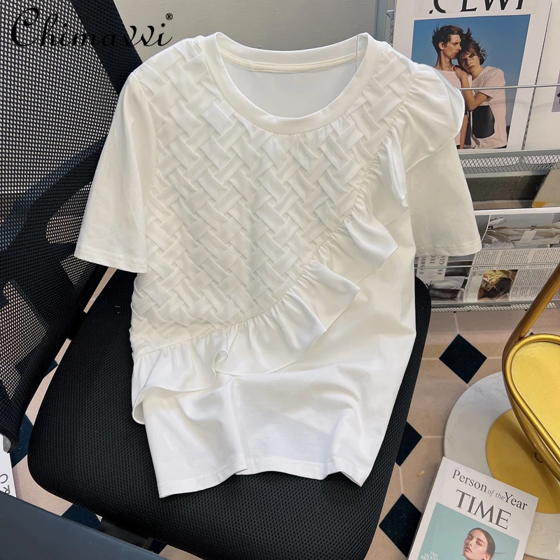 

2022 Spring Summer New Fashion Design Loose Lotus Leaf Stitching Woven Short Sleeve Casual Round Neck T-shirt Women's Top
