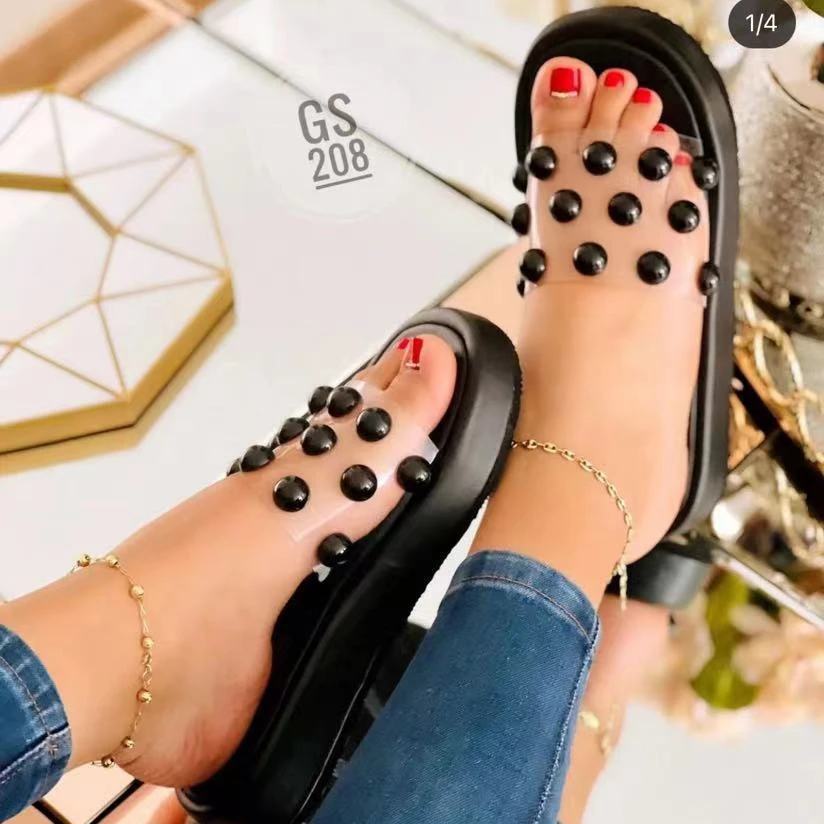 Wedge Heel Slippers Women's 2022 New Summer Fashion Pearl One Word Drag Thick Bottom Large Size 43 Sandals and Slippers Female