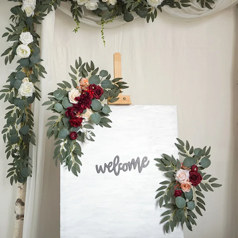 

2pcs Realistic Artificial Wedding Arch Flowers Set Wedding Welcome Board Corner Flower Strip Wedding Backdrop Garden Decoration