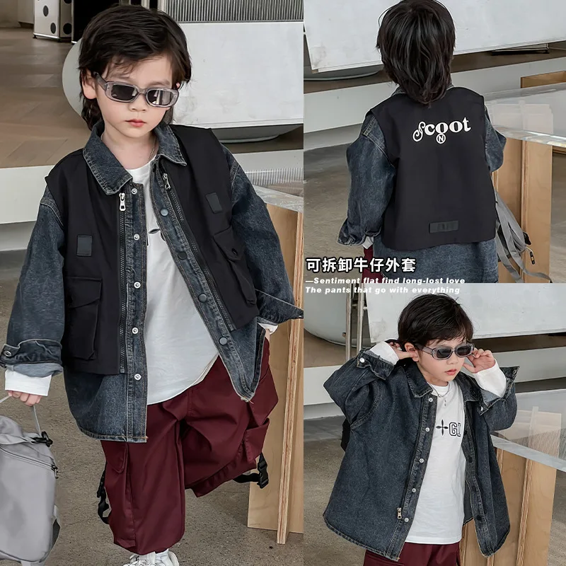 

Осень 2023, Новое Детское джинсовое пальто, модный тренд, съемный топ из двух частей, Корейская повседневная детская одежда для мальчиков