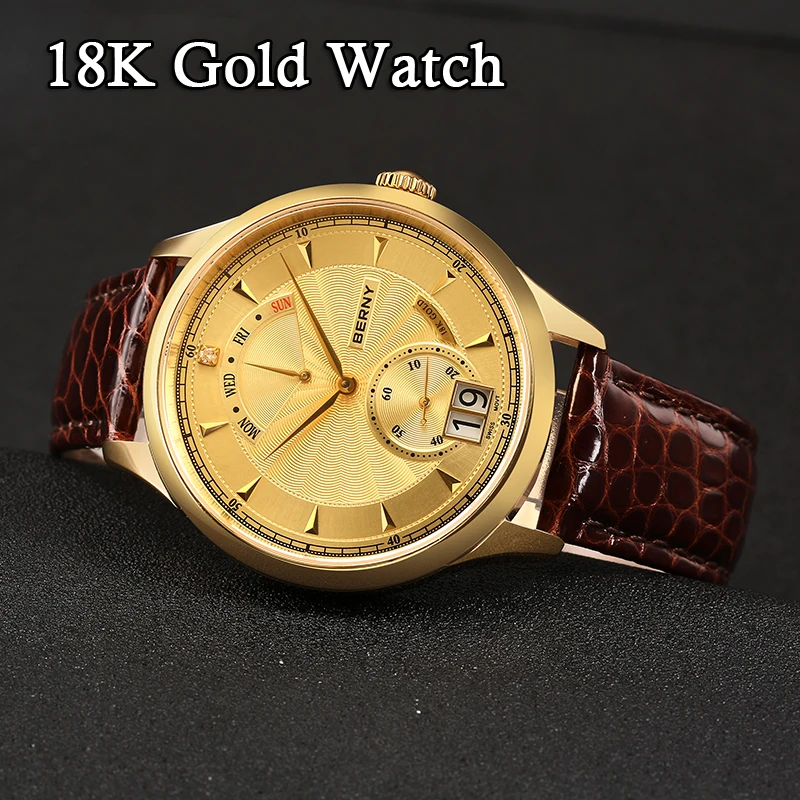 

Berny 18K Gold Men Quartz Watches Swiss Movement Day Date Calendar Luxury Business Style Wateproof Wristwatch Relogio Masculino