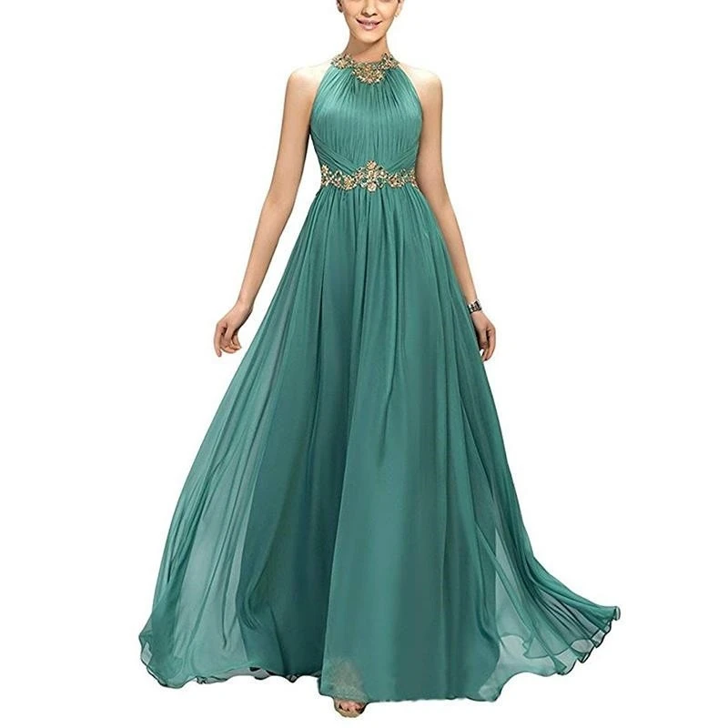 

2022 Prom Dresses Long A-Line Pleats Beaded Appliques Empire Chiffon Bridesmaid Dress Elegant Floor Length Evening Party Gowns