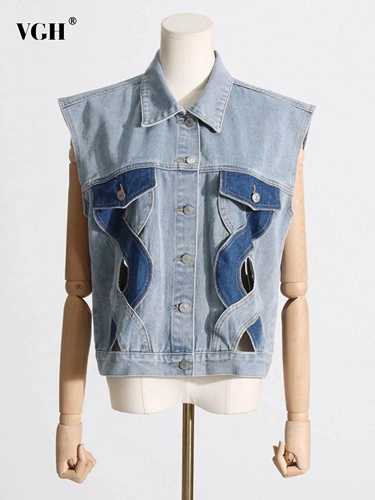 

VGH Colorblock Hollow Out Denim Waistcoat For Women Lapel Sleeveless Patchwork Single Breasted Streetwear Waistcoats Female New