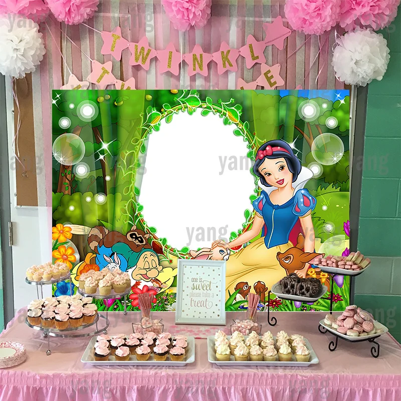 Lovely Custom Disney Seven Dwarfs Princess Snow White Photo Backdrop Forest Garden  Happy Birthday Party Backgrounds Decoration enlarge