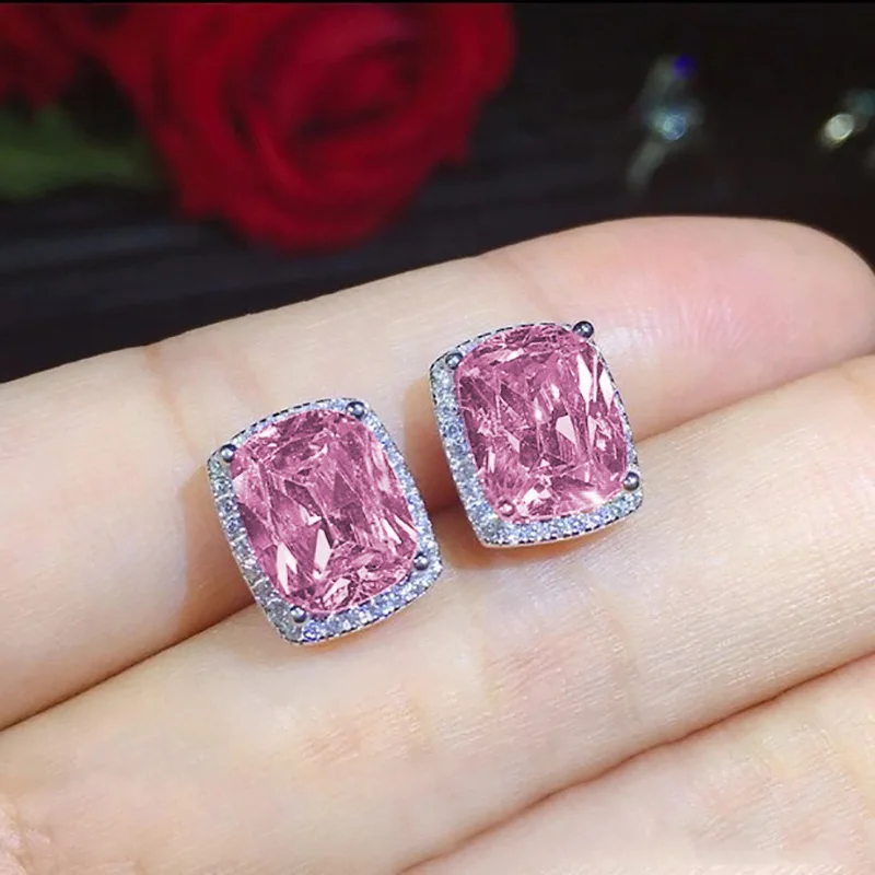 

Delicate Square Stud Earrings for Women Full Diamond Set Pink Zircon Earrings Shiny High Quality Imitation Moissanite Jewelry