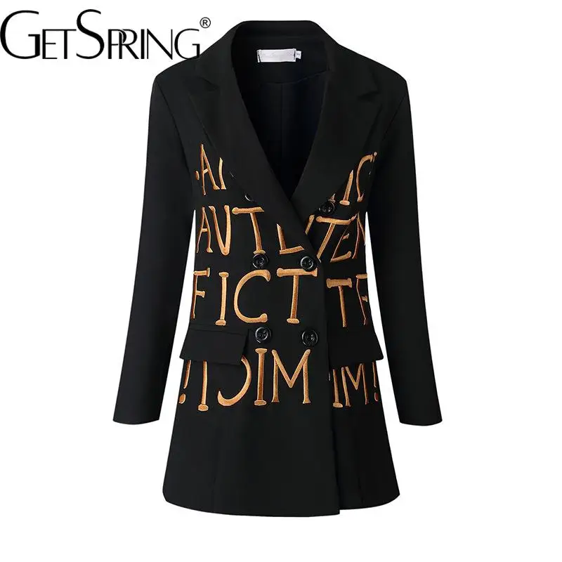

GetSpring Женский блейзер с Вышивкой Букв двубортный женский черный костюм с длинным рукавом модный Женский блейзер