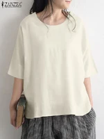 2022 summer solid half sleeve tops tunic women vintage cotton blouse zanzea casual o neck shirts oversized fashion baggy camisas