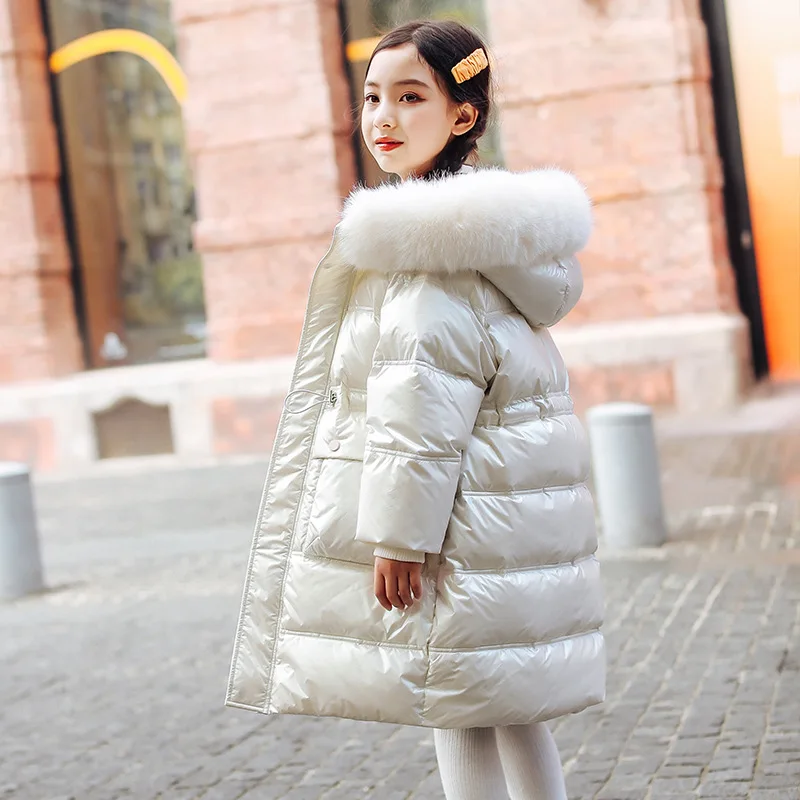 2022 Winter Girls Long Fur Hooded Down Jacket Baby Kids Children Thick Warm Coat with Pocket Outerwear