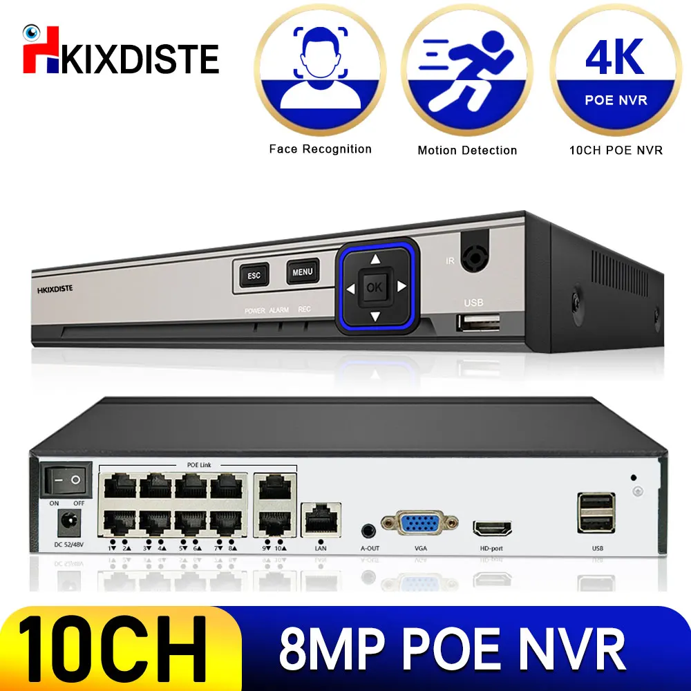 Сетевой видеорегистратор, 4k 10CH Ultra HD POE NVR, H.265, 48 В, IP-камера с функцией распознавания лица, система видеонаблюдения, P2P сетевая камера наблюдения
