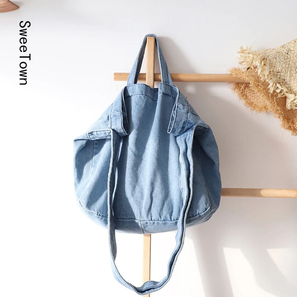 

Sweetown Casual Tote Bag Classic Denim Totes Shoulder Bags Practical Large Capacity Bags Women Handbag High Quality Bag