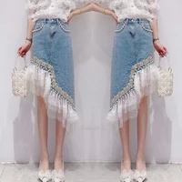 womens denim skirt summer korean fashion heavy industry bead lace lace splicing irregular hem skirt designer high quality new