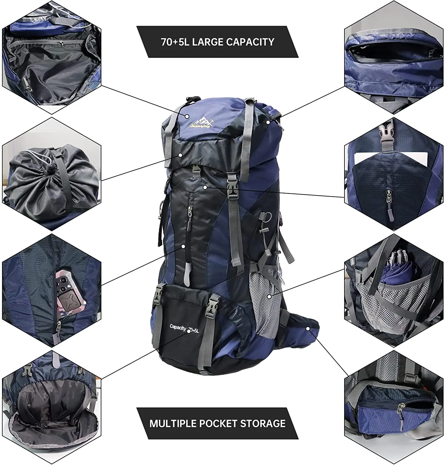 Hiking Backpack for Men and Women 70L Waterproof Lightweight Camping Daypack with Rain Cover for Outdoor Travel Mountaineering