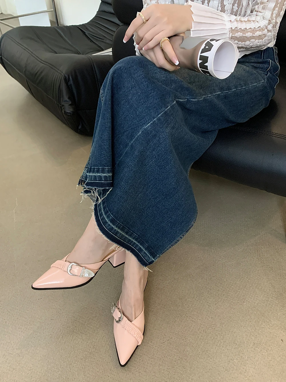 Мюли женские с острым носком летние туфли-лодочки на толстом высоком каблуке