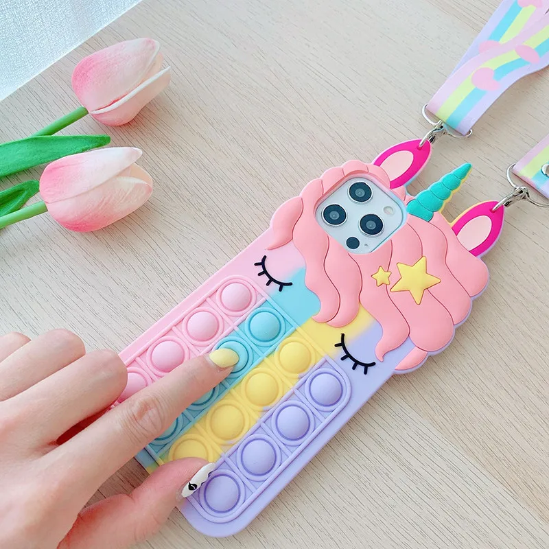 3d cute cartoon unicorn push bubble phone case for redmi 9a 9i 9c 9 note 9t 10 9 8 7 pro xiaomi mi 11 10t lite poco x3 m3 pro f3 free global shipping